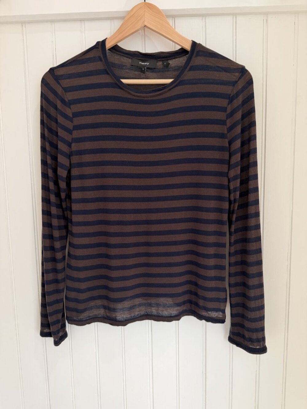 Theory Tiny Tee Long Sleeve Striped Sheer Modal Top — Brown Navy, Size M